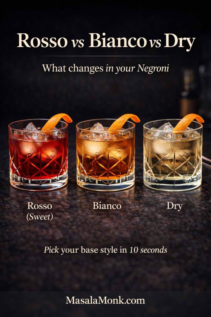 Not sure which vermouth to use in a Negroni? Rosso (sweet) gives the classic ruby balance, bianco shifts the drink lighter and more floral, while dry makes it sharper and more gin-forward—choose the base style first, then fine-tune ratios.