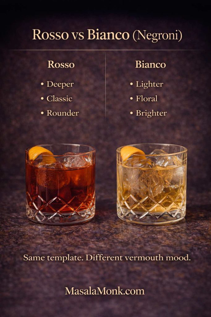 Rosso vs bianco vermouth Negroni comparison showing two drinks side by side: rosso is deeper, classic, and rounder, while bianco is lighter, floral, and brighter, with MasalaMonk.com branding.