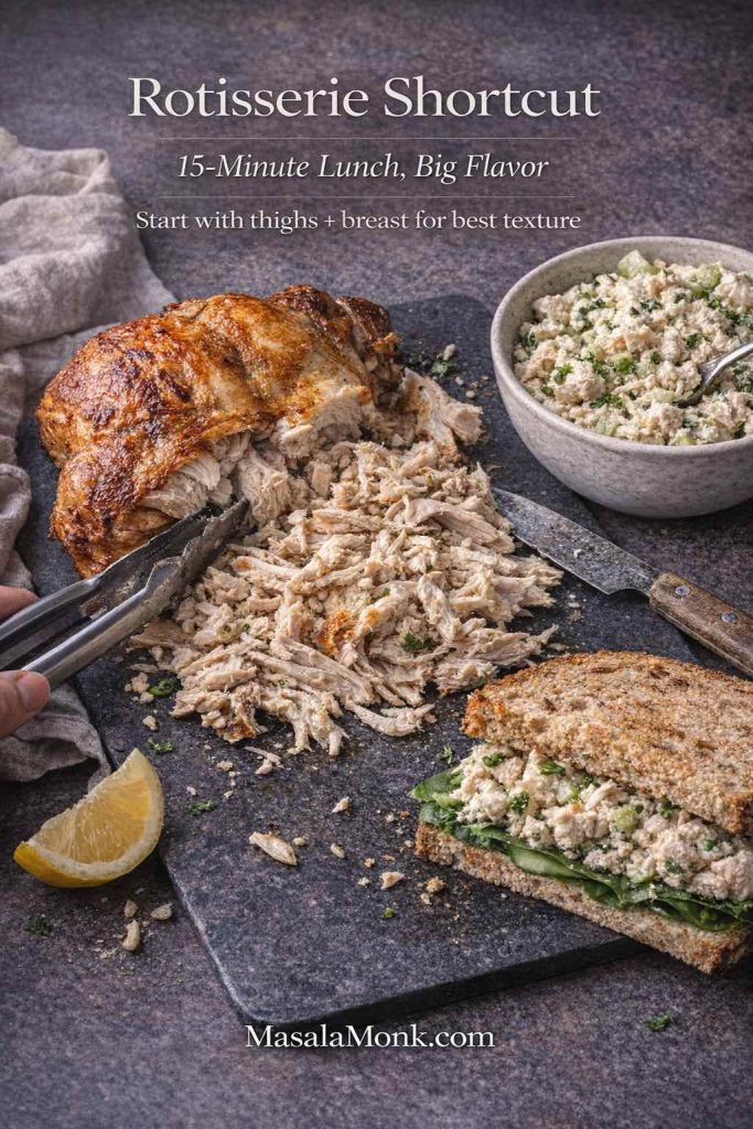 Rotisserie chicken salad sandwich recipe shortcut guide showing shredded rotisserie chicken, a bowl of chicken salad spread, and a sandwich on whole grain bread with text overlay “Rotisserie Shortcut” and MasalaMonk.com footer.