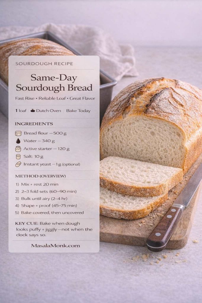 Recipe card overlay for Same-Day Sourdough Bread showing a sliced loaf on a board. Text lists ingredients (bread flour, water, active starter, salt, optional instant yeast) and a short method: mix + rest, 2–3 fold sets, bulk until airy, shape + proof, bake covered then uncovered. MasalaMonk.com in footer.