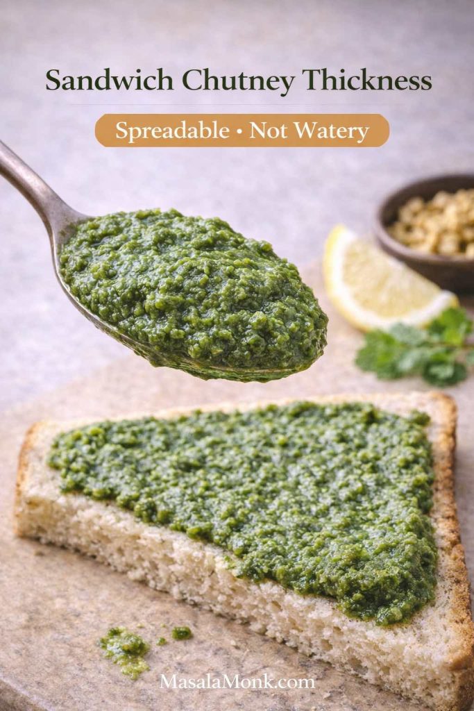 Sandwich green chutney thickness shown on a spoon and spread on bread, demonstrating a spreadable, not watery green chutney for sandwich.