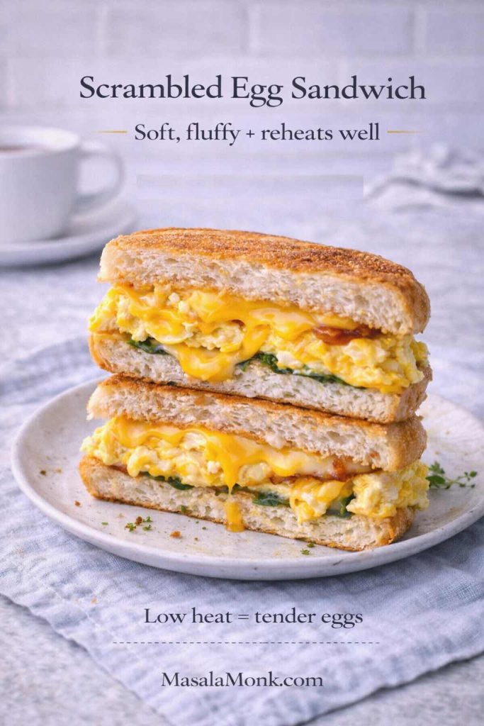 A scrambled egg sandwich is the best make-ahead egg sandwich—cook low and slow for soft, fluffy eggs that reheat well, then melt the cheese onto the eggs so every bite stays creamy instead of dry.