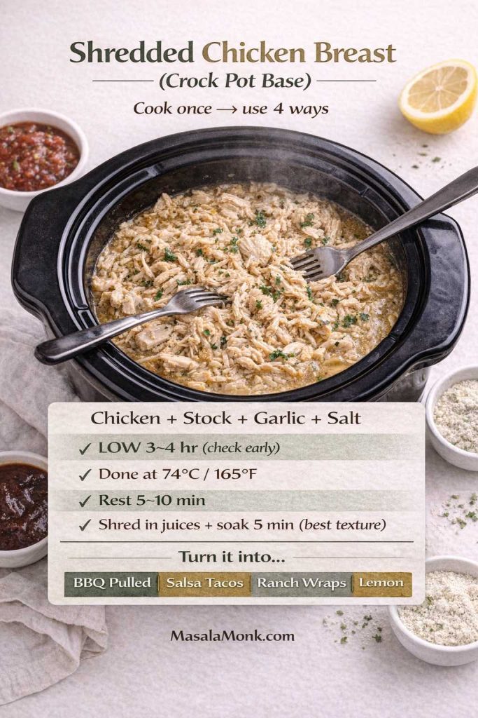Vertical recipe-style infographic titled “Shredded Chicken Breast (Crock Pot Base) — Cook once, use 4 ways.” A slow cooker is shown filled with shredded chicken in cooking juices, with two forks for shredding. Text overlay lists: “Chicken + Stock + Garlic + Salt,” “LOW 3–4 hr (check early),” “Done at 74°C / 165°F,” “Rest 5–10 min,” and “Shred in juices + soak 5 min (best texture).” A bottom bar suggests four uses: BBQ pulled, salsa tacos, ranch wraps, and lemon.