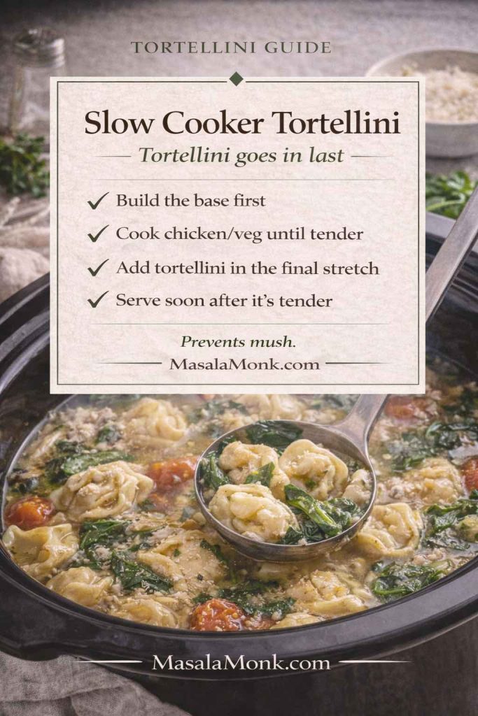 Slow cooker tortellini guide card explaining when to add tortellini: build the base first, cook chicken and vegetables until tender, add tortellini near the end, and serve soon to prevent mush.