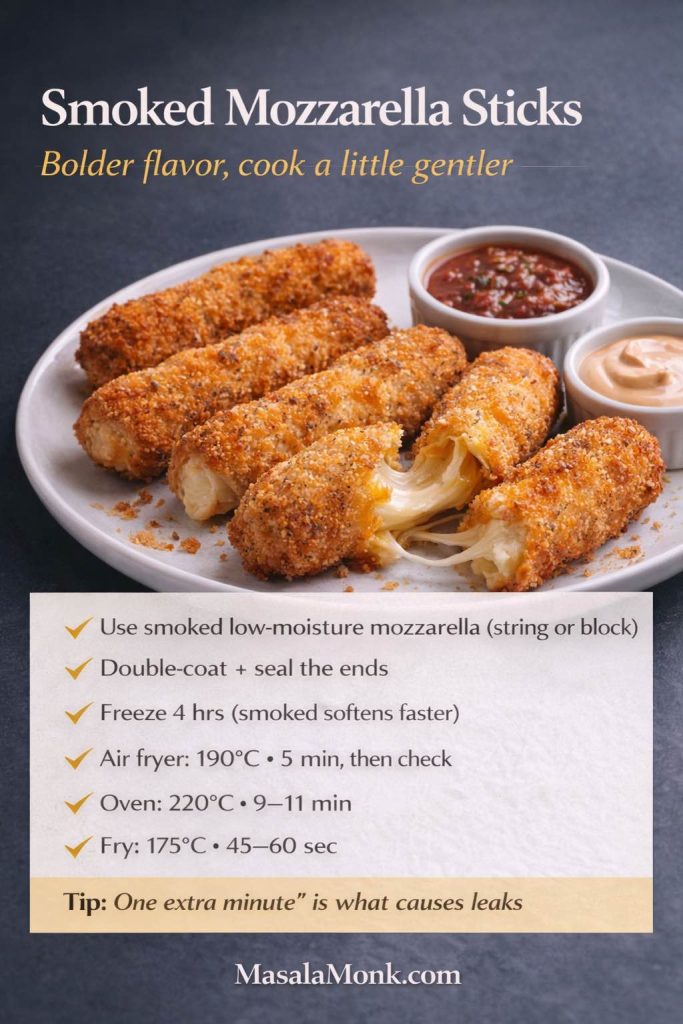 Recipe-card image titled “Smoked Mozzarella Sticks” showing crispy breaded smoked mozzarella sticks on a plate with a cheese pull and two dips (marinara and spicy mayo). Text says “Bolder flavor, cook a little gentler” and lists tips: use smoked low-moisture mozzarella (string or block), double-coat and seal the ends, freeze 4 hours, then cook with one of three methods—air fryer 190°C for 5 minutes then check, oven 220°C for 9–11 minutes, or fry 175°C for 45–60 seconds. Tip notes “one extra minute” is what causes leaks. MasalaMonk.com branding.