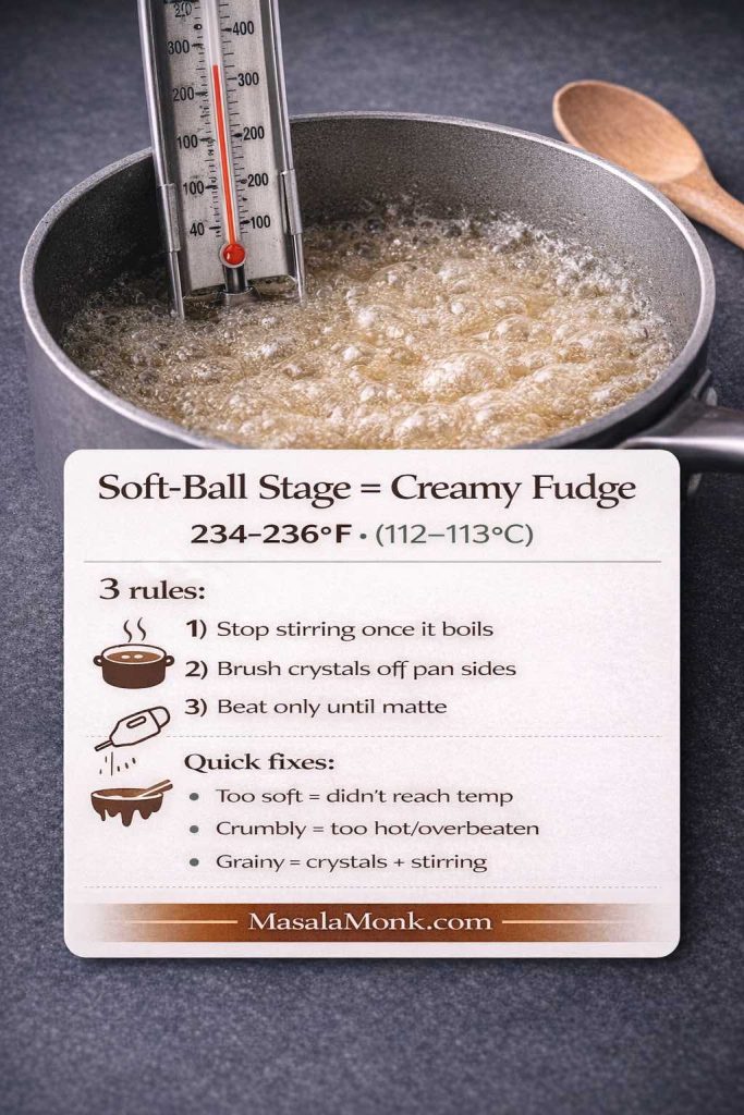 Photorealistic fudge-making cheat sheet showing soft-ball stage temperature for creamy fudge: 234–236°F (112–113°C). Background shows a saucepan of bubbling sugar syrup with a candy thermometer reading about 235°F and a wooden spoon nearby. Overlay lists three rules (stop stirring once it boils, brush crystals off pan sides, beat only until matte) and quick fixes for too soft, crumbly, or grainy fudge. MasalaMonk.com branding.