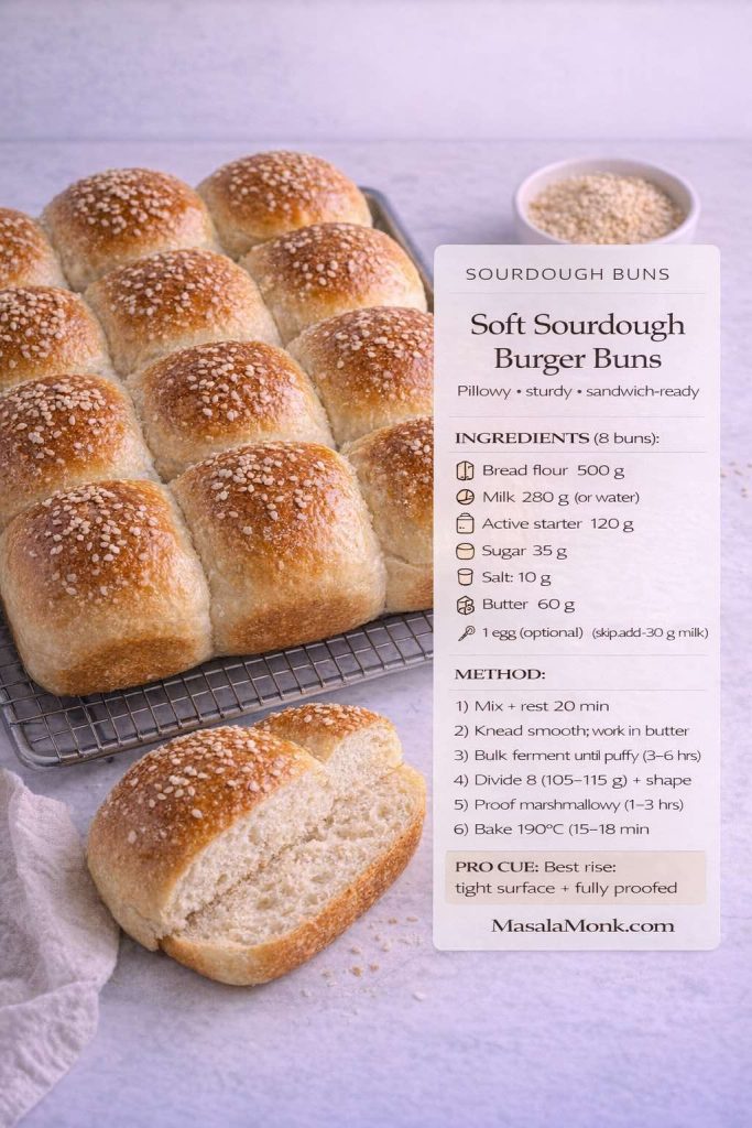 Photo of soft sourdough burger buns on a cooling rack with sesame tops, plus a clean recipe overlay card titled “Soft Sourdough Burger Buns” showing ingredients and a short step-by-step method for pillowy, sandwich-ready buns, with MasalaMonk.com in the footer.