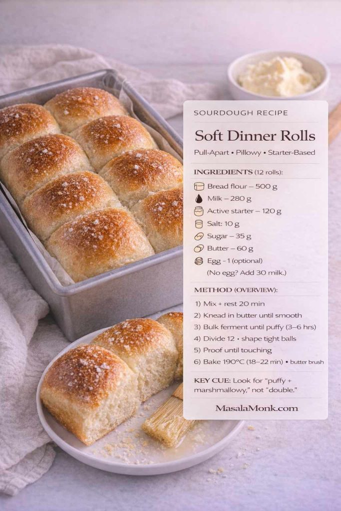 Soft sourdough dinner rolls in a baking pan with a clean recipe card overlay titled “Soft Dinner Rolls.” The card lists ingredients for 12 rolls (bread flour, milk, active starter, salt, sugar, butter, optional egg) and a short method overview: mix and rest, knead in butter, bulk ferment until puffy, divide and shape, proof until touching, then bake and brush with butter. MasalaMonk.com in the footer.