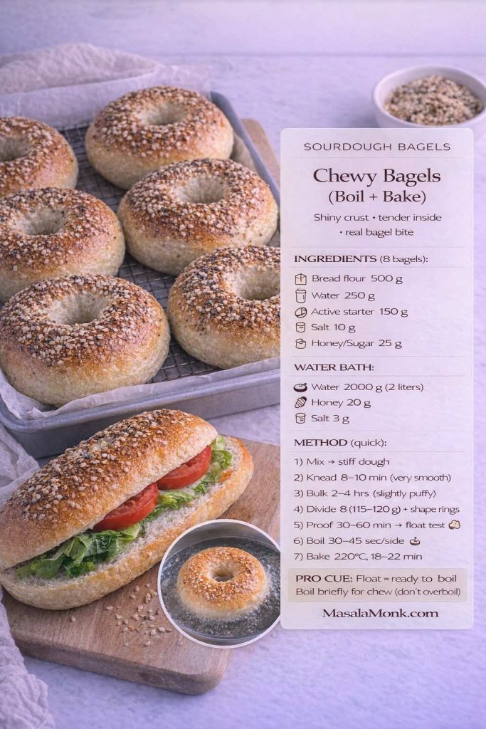 Photograph of sesame sourdough bagels on a rack and board with a clean recipe overlay titled “Sourdough Bagels: Chewy Bagels (Boil + Bake),” listing ingredients (bread flour, water, active starter, salt, honey/sugar), a water-bath formula, float-test cue, boil time per side, bake temperature, and MasalaMonk.com in the footer.