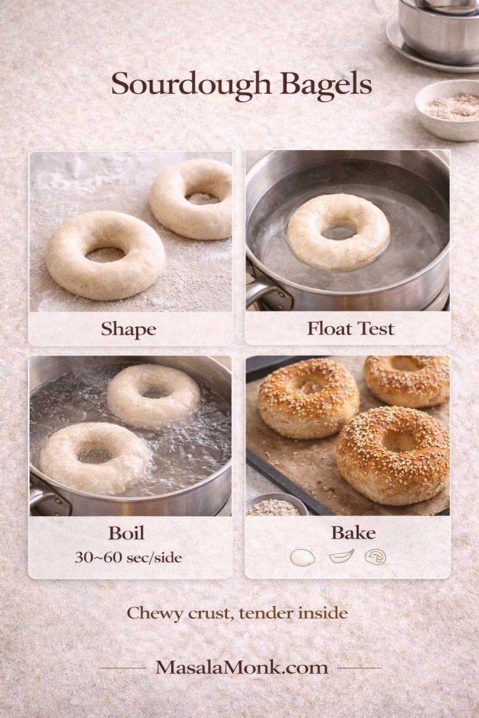 Portrait four-panel infographic titled “Sourdough Bagels” showing the steps: Shape (raw bagel rings on a floured surface), Float Test (bagel floating in water), Boil (bagels boiling with note “30–60 sec/side”), and Bake (golden sesame bagels on a tray). Text at bottom says “Chewy crust, tender inside,” with MasalaMonk.com in the footer.