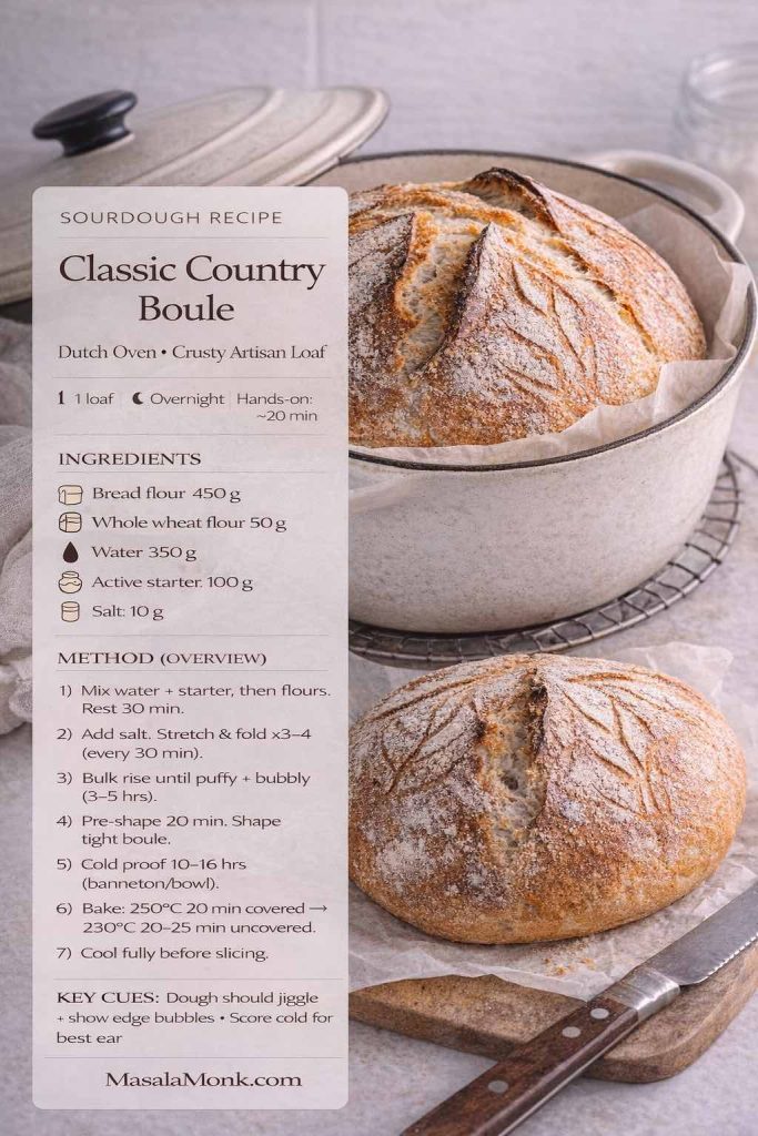 Recipe card for a classic country sourdough boule baked in a Dutch oven, showing two crusty round loaves and a clean overlay with ingredients (bread flour, whole wheat flour, water, active starter, salt) plus an overnight method overview, bake temperatures, and key dough cues for oven spring.