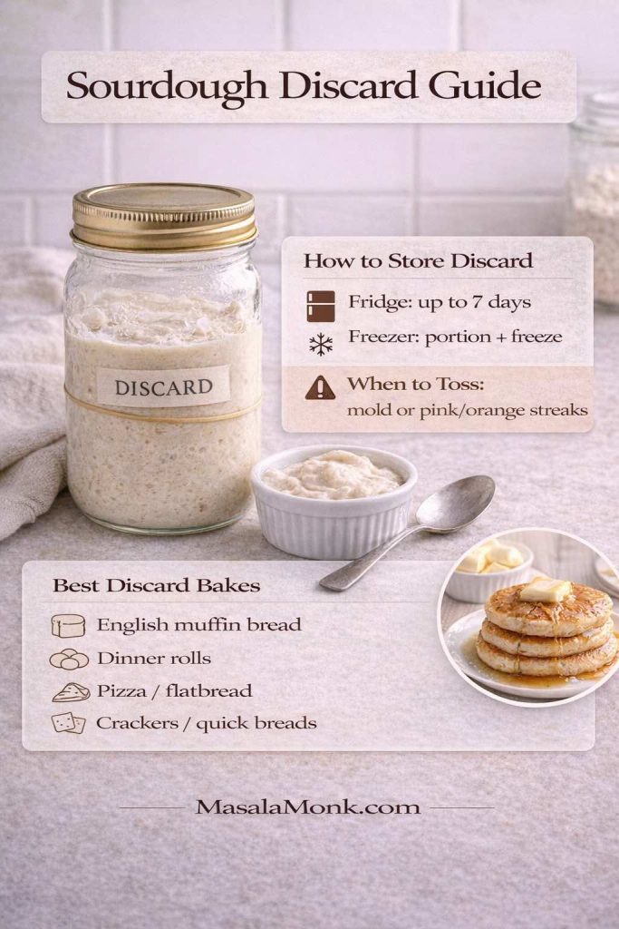 Portrait infographic titled “Sourdough Discard Guide” showing a jar labeled “DISCARD” on a neutral kitchen counter. A text card explains how to store discard (fridge up to 7 days, freezer portion and freeze) and when to toss (mold or pink/orange streaks). Another card lists best discard bakes: English muffin bread, dinner rolls, pizza/flatbread, and crackers/quick breads. MasalaMonk.com appears in the footer.