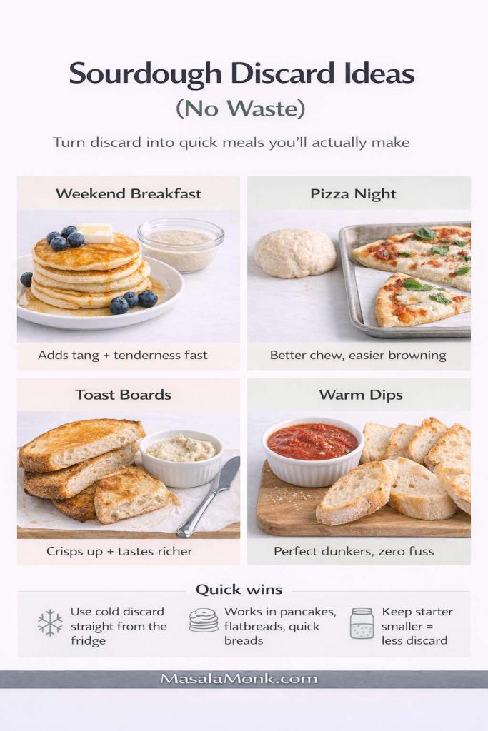 Vertical infographic titled “Sourdough Discard Ideas (No Waste)” showing four meal-moment tiles: Weekend Breakfast pancakes, Pizza Night flatbread/pizza, Toast Boards with toast and spread, and Warm Dips with marinara and bread. Each tile notes a benefit like tang, tenderness, chew, browning, crispness, and easy dunkers. A “Quick wins” strip mentions using cold discard, using it in pancakes/flatbreads/quick breads, and keeping a smaller starter to reduce discard. MasalaMonk.com in the footer.