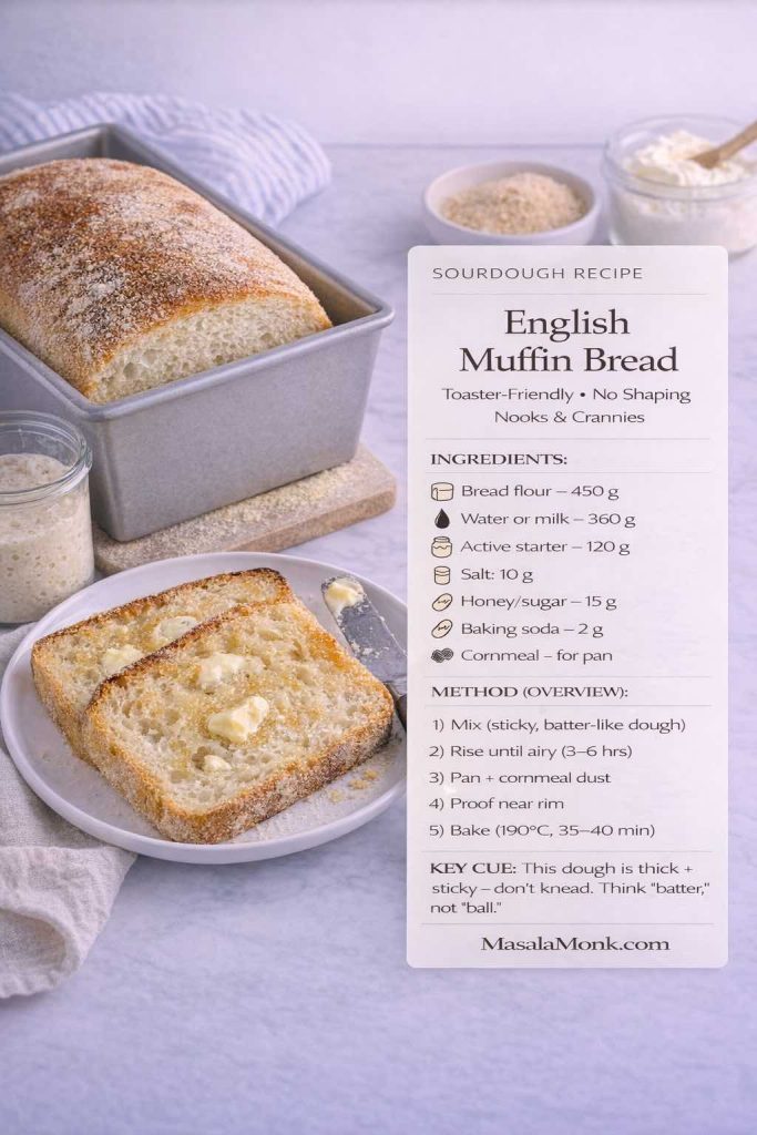 Photograph-style recipe card for sourdough English muffin bread in a loaf pan with cornmeal crust and two buttered toasted slices. Clean overlay lists ingredients and a short method overview for a no-shaping, toaster-friendly sourdough loaf with “nooks and crannies,” plus MasalaMonk.com branding in the footer.