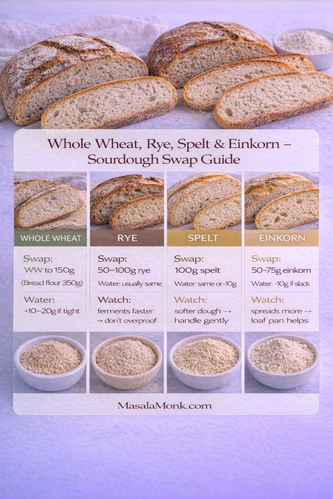 Infographic titled ‘Whole Wheat, Rye, Spelt & Einkorn — Sourdough Swap Guide’ with four columns. Each column shows a loaf/crumb photo and a quick swap rule: Whole wheat—raise whole wheat to 150 g and reduce bread flour to 350 g; add 10–20 g water if dough feels tight. Rye—swap 50–100 g rye; ferments faster so don’t overproof. Spelt—swap 100 g spelt; dough feels softer so handle gently. Einkorn—swap 50–75 g; spreads more so a loaf pan helps. MasalaMonk.com footer.