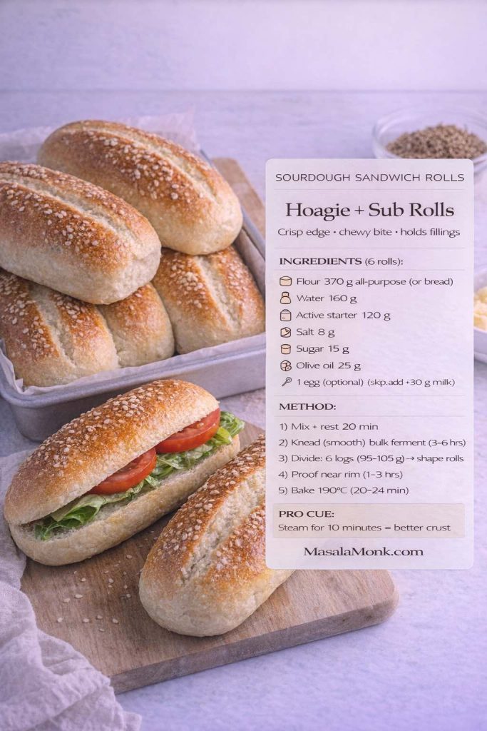 Photographic recipe card for sourdough hoagie and sub rolls (sourdough sandwich rolls) showing sesame-topped rolls on a board plus a filled sub. Overlay lists ingredients for 6 rolls and a short method (mix, knead, bulk ferment, shape, proof, bake) with a steam tip; MasalaMonk.com in the footer.