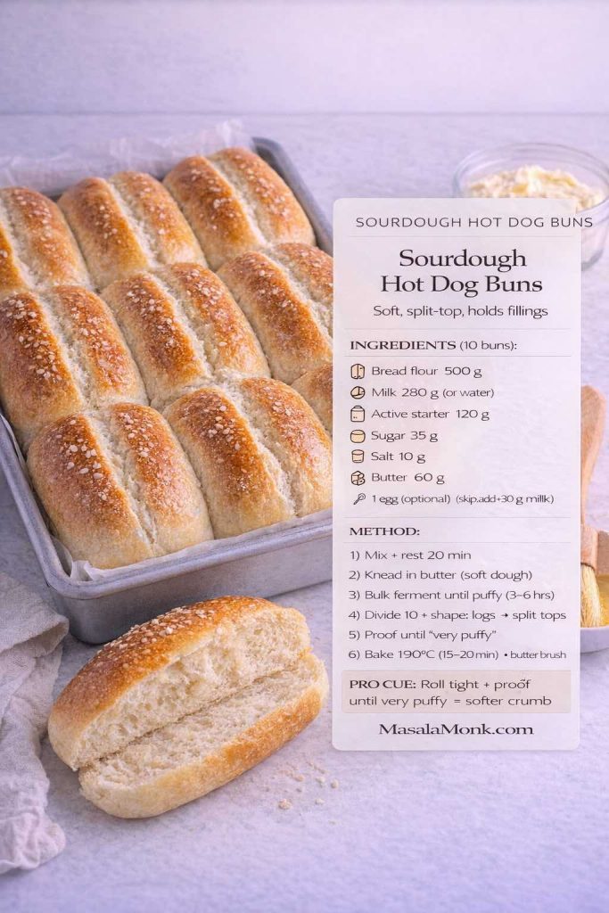 Recipe card photo of golden sourdough hot dog buns in a baking pan with one bun sliced open to show a soft crumb. Text overlay reads ‘Sourdough Hot Dog Buns’ with ingredients, short method steps, and a pro cue for softer buns. MasalaMonk.com in the footer.