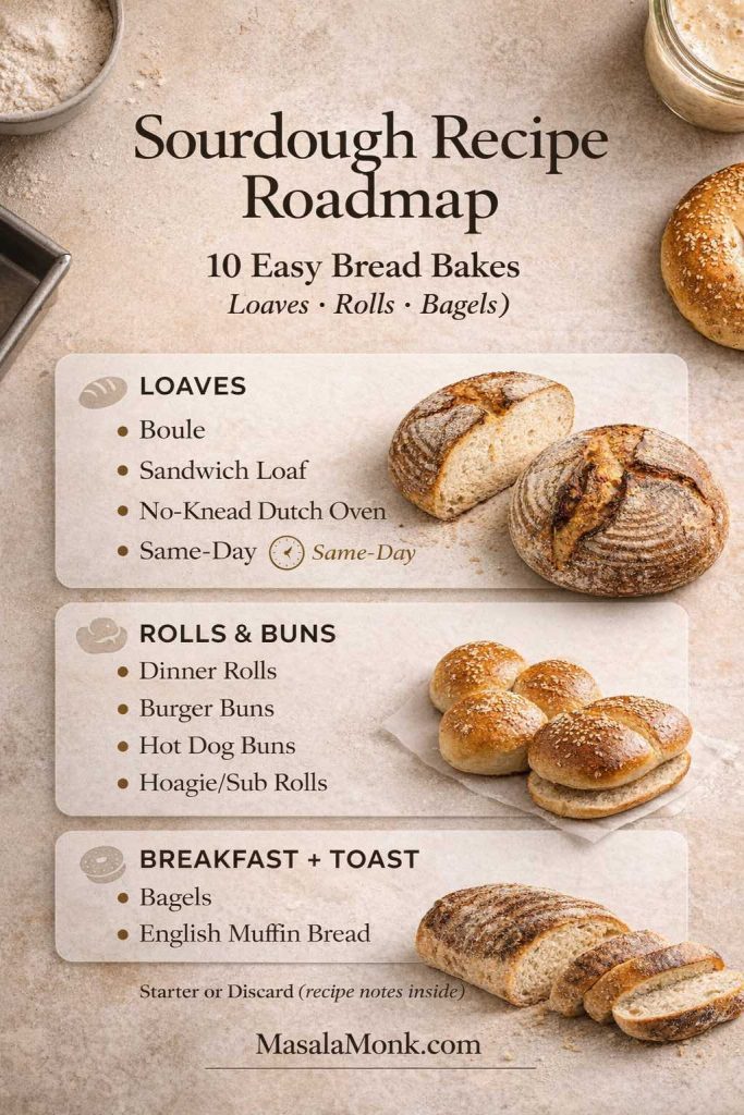 Portrait infographic titled “Sourdough Recipe Roadmap” showing 10 easy bread bakes grouped into three sections: Loaves (boule, sandwich loaf, no-knead Dutch oven, same-day), Rolls & Buns (dinner rolls, burger buns, hot dog buns, hoagie/sub rolls), and Breakfast + Toast (bagels, English muffin bread). Photoreal bread flatlay background with MasalaMonk.com in the footer.