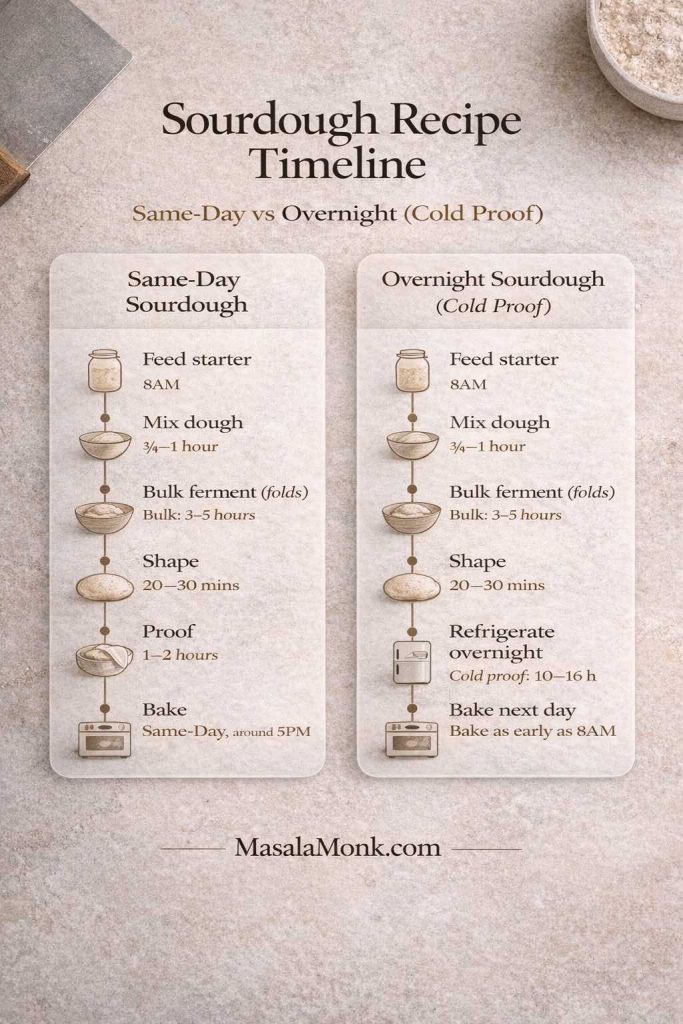 Portrait infographic titled “Sourdough Recipe Timeline: Same-Day vs Overnight (Cold Proof)” showing two side-by-side timelines. The Same-Day sourdough column lists feed starter, mix dough, bulk ferment with folds, shape, proof, and bake. The Overnight column lists feed starter, mix dough, bulk ferment with folds, shape, refrigerate overnight (cold proof 10–16 hours), then bake next day. Warm neutral stone background with simple step icons and MasalaMonk.com in the footer.