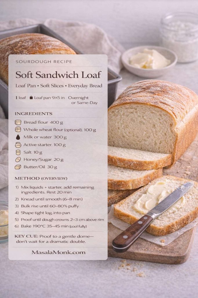 Soft sourdough sandwich loaf on a cutting board with buttered slices and a clean text overlay recipe card titled “Soft Sandwich Loaf,” showing loaf-pan size, ingredients (flour, milk/water, active starter, salt, honey/sugar, butter/oil) and a short method overview; MasalaMonk.com in the footer.