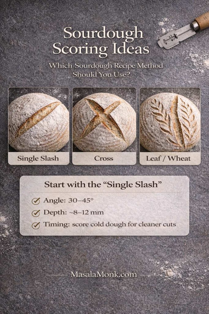 These sourdough scoring ideas make shaping and baking feel less intimidating. Start with the single slash for the most reliable oven spring, then try a cross or leaf pattern once you’re comfortable. Use the angle + depth cues here right before baking your boule.