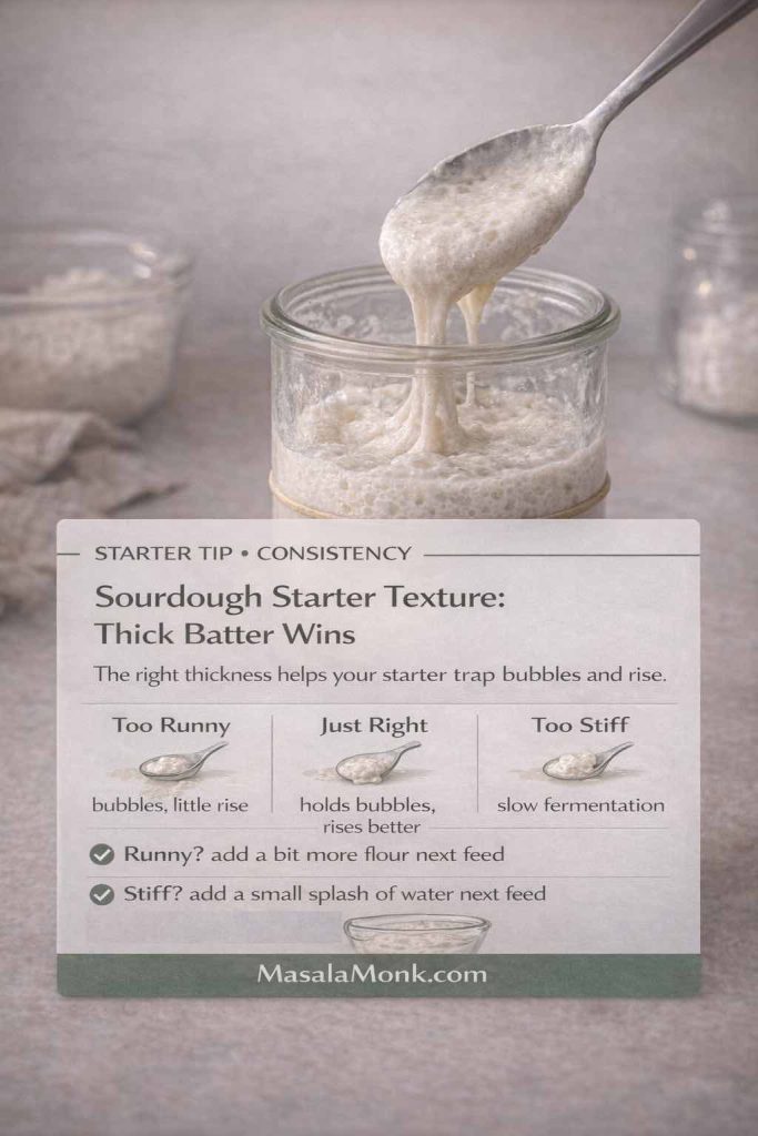 Infographic titled “Starter Tip • Consistency” reading “Sourdough Starter Texture: Thick Batter Wins,” shown over a photo of a spoon lifting sourdough starter above a glass jar. The graphic compares three textures: “Too Runny—bubbles, little rise,” “Just Right—holds bubbles, rises better,” and “Too Stiff—slow fermentation.” It also says: “Runny? add a bit more flour next feed” and “Stiff? add a small splash of water next feed.” MasalaMonk.com appears in the footer.