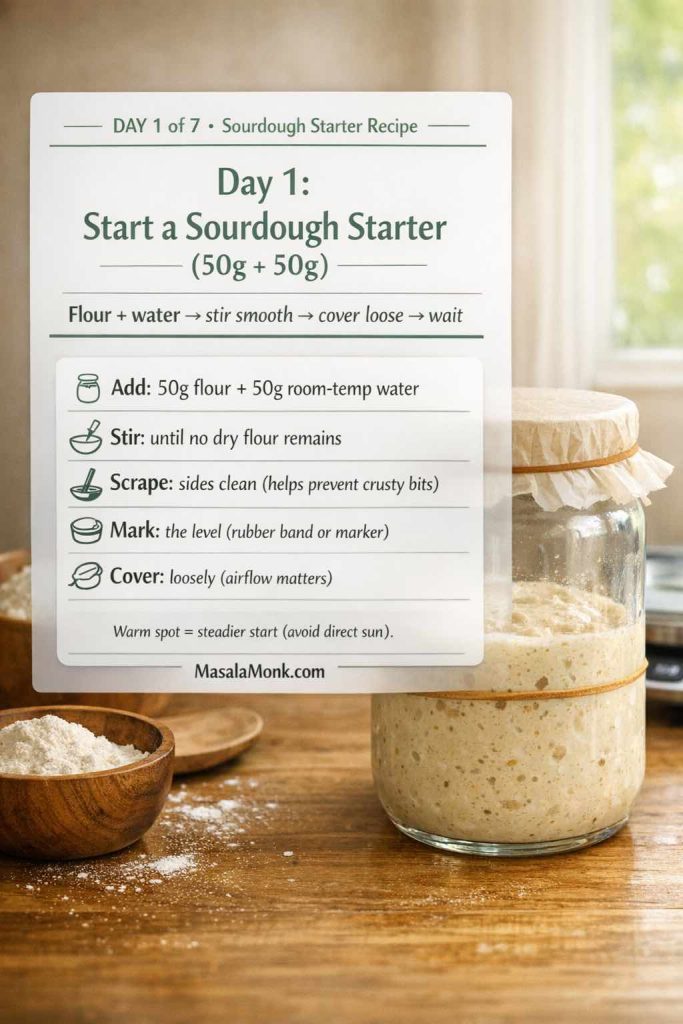 Infographic over a realistic kitchen photo of a glass jar of sourdough starter on a wooden counter. The overlay reads “Day 1 of 7 • Sourdough Starter Recipe” and “Day 1: Start a Sourdough Starter (50g + 50g).” Steps list: add 50g flour + 50g room-temp water, stir until no dry flour remains, scrape sides clean, mark the level, and cover loosely; note says a warm spot helps. MasalaMonk.com appears in the footer.