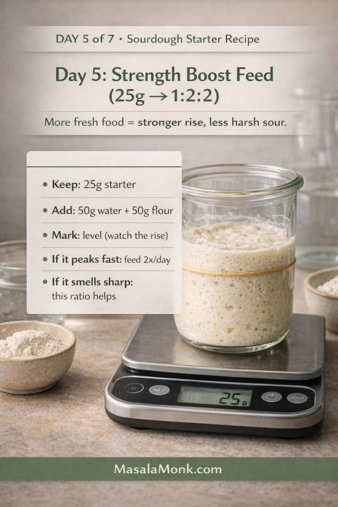 Infographic for Day 5 of a sourdough starter recipe titled “Day 5: Strength Boost Feed (25g → 1:2:2)” with the line “More fresh food = stronger rise, less harsh sour.” A glass jar of sourdough starter sits on a digital kitchen scale reading 25g, with a rubber band marking the level and bowls of flour nearby. Overlay steps say: keep 25g starter, add 50g water + 50g flour, mark the level and watch the rise, feed twice daily if it peaks fast, and use this ratio if it smells sharp. MasalaMonk.com appears in the footer.