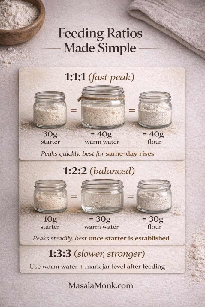 Infographic showing sourdough starter feeding ratios 1:1:1, 1:2:2, and 1:3:3 with example gram measurements for starter, warm water, and flour, plus notes on peak speed and strength.