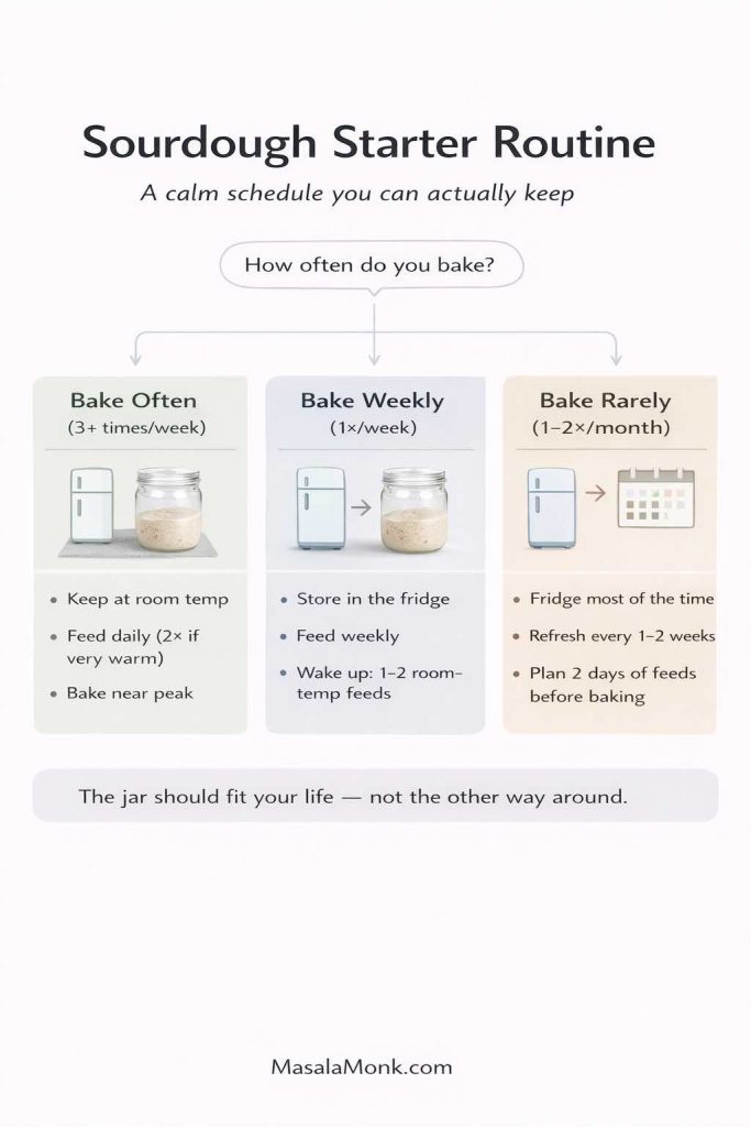 Infographic titled “Sourdough Starter Routine” showing three schedules based on how often you bake: Bake Often (3+ times/week)—keep starter at room temperature, feed daily (twice if very warm), bake near peak; Bake Weekly (1x/week)—store in fridge, feed weekly, wake up with 1–2 room-temp feeds; Bake Rarely (1–2x/month)—fridge most of the time, refresh every 1–2 weeks, plan 2 days of feeds before baking. Footer reads MasalaMonk.com.