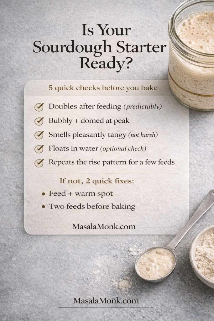 Portrait infographic titled “Is Your Sourdough Starter Ready?” on a gray stone background with a jar of bubbly starter. Text lists 5 quick checks before you bake (doubles after feeding, bubbly and domed, pleasant tangy smell, optional float test, repeats rise pattern) plus 2 quick fixes, with MasalaMonk.com in the footer.
