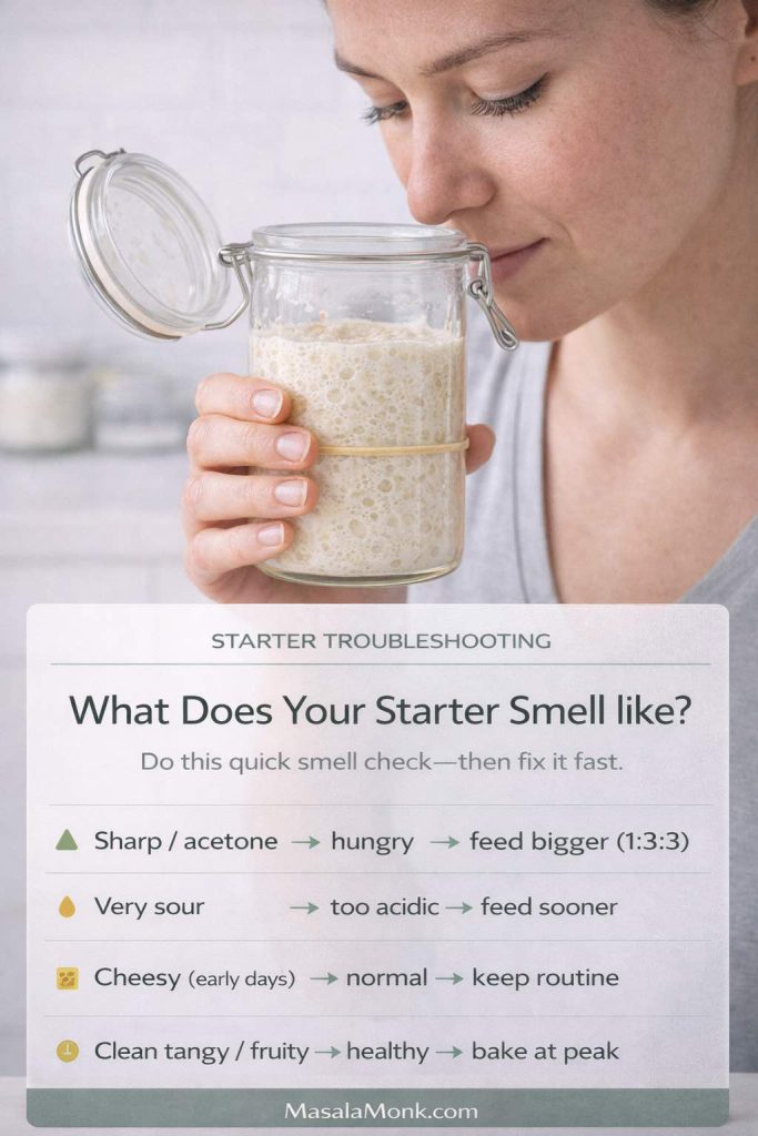 A person holds a glass jar of bubbly sourdough starter close to their nose in a bright kitchen. An overlay card reads “Starter Troubleshooting: What Does Your Starter Smell Like?” and lists four smell clues with fixes: sharp/acetone means hungry so feed bigger (1:3:3); very sour means too acidic so feed sooner; cheesy in early days is normal so keep routine; clean tangy or fruity means healthy so bake at peak. MasalaMonk.com appears in the footer.