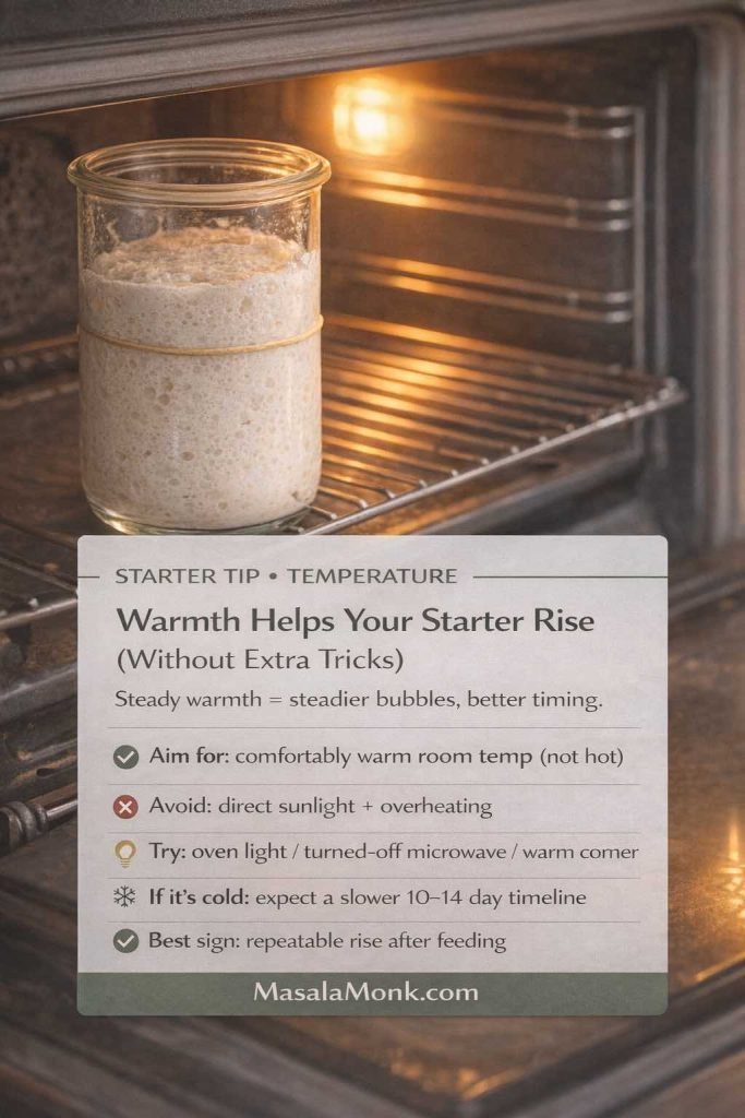 Infographic titled “Starter Tip • Temperature” over a realistic photo of a glass jar of bubbly sourdough starter sitting inside a turned-off oven with the oven light on. Text reads “Warmth Helps Your Starter Rise (Without Extra Tricks)” and “Steady warmth = steadier bubbles, better timing.” Bullet points say: aim for comfortably warm room temperature, avoid direct sunlight and overheating, try oven light/turned-off microwave/warm corner, if it’s cold expect a slower 10–14 day timeline, and best sign is a repeatable rise after feeding. MasalaMonk.com appears in the footer.