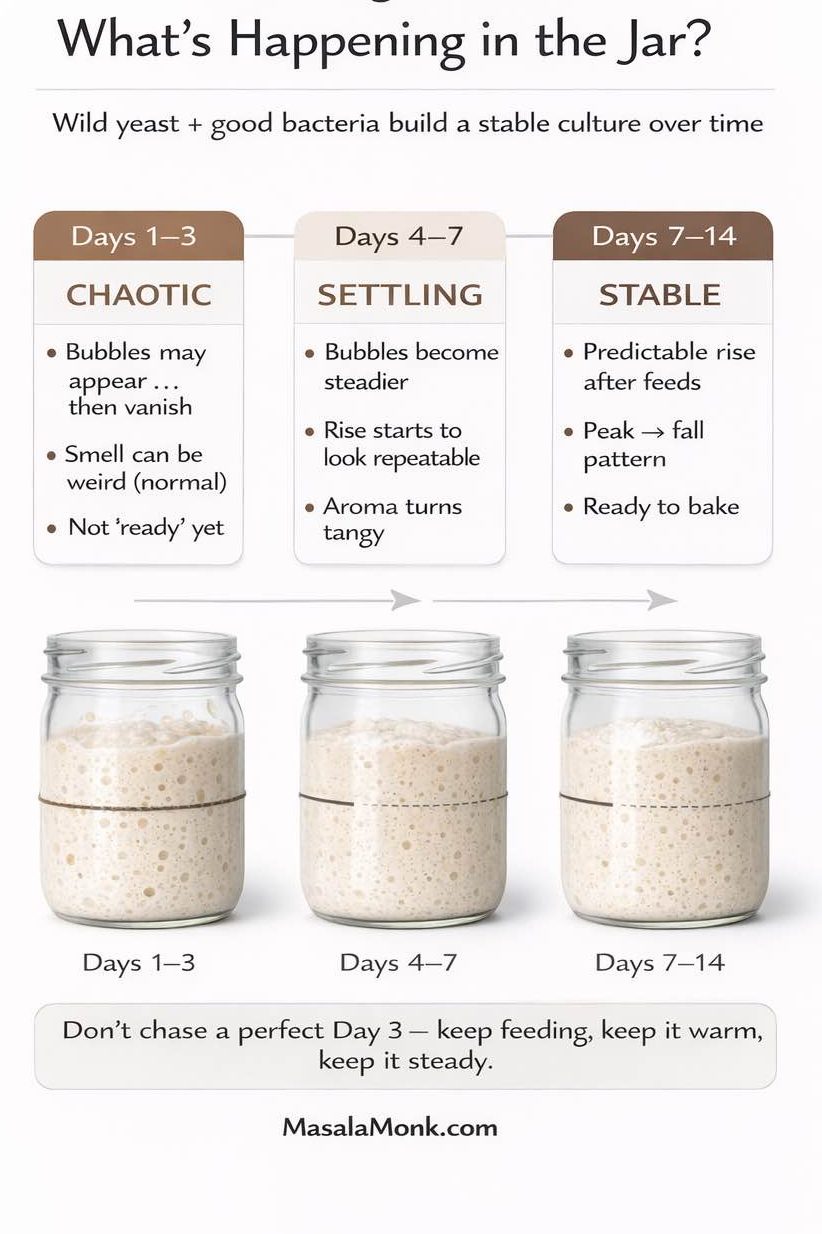 Vertical infographic titled “Sourdough Starter: What’s Happening in the Jar?” showing a simple timeline of starter development: Days 1–3 “Chaotic” (bubbles may appear then vanish, smell can be weird, not ready yet), Days 4–7 “Settling” (steadier bubbles, repeatable rise, aroma turns tangy), and Days 7–14 “Stable” (predictable rise after feeds, peak then fall pattern, ready to bake). Three jar photos illustrate increasing activity. Footer: MasalaMonk.com.