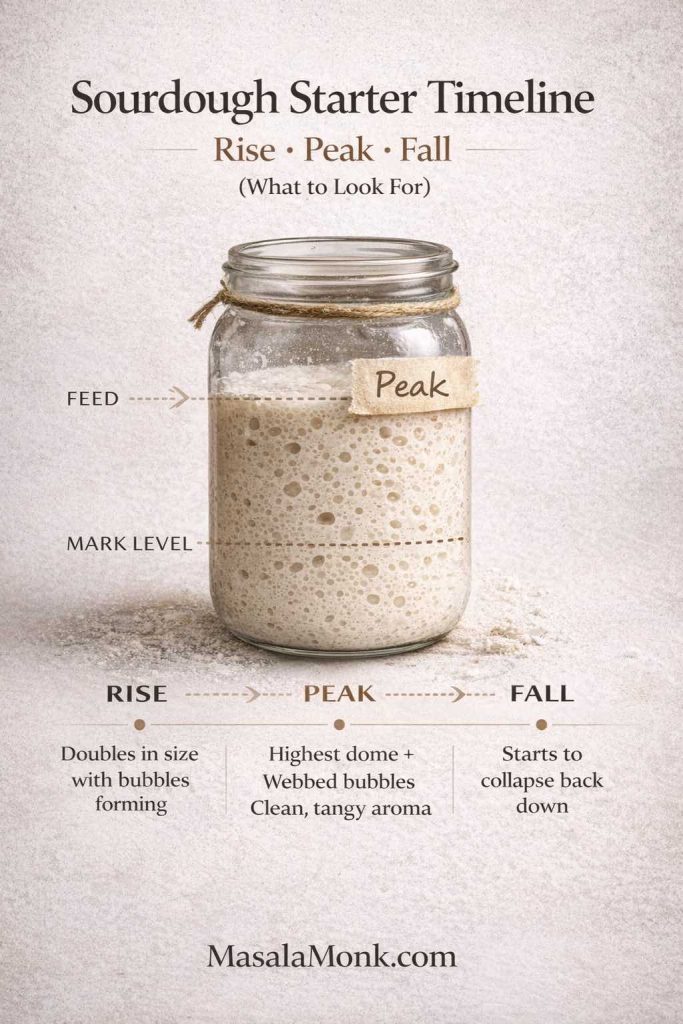 Infographic showing a jar of sourdough starter with a marked level line and the starter at “Peak.” Headline reads “Sourdough Starter Timeline: Rise • Peak • Fall (What to Look For).” The bottom explains: Rise—starter doubles with bubbles forming; Peak—highest dome, webbed bubbles, clean tangy aroma; Fall—starter starts to collapse back down. MasalaMonk.com appears in the footer.