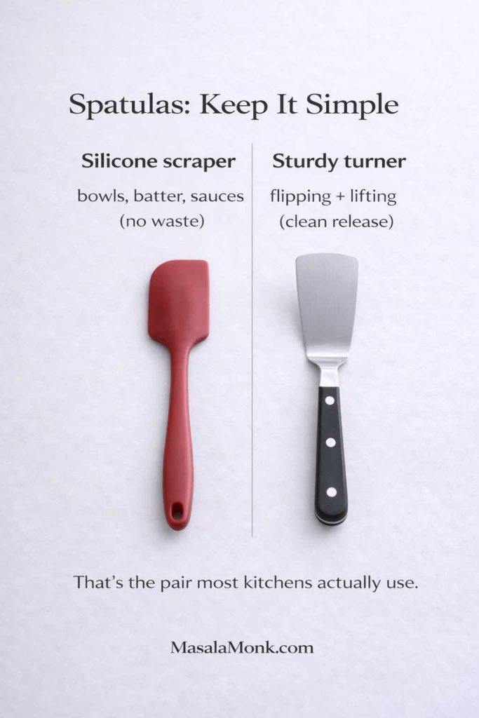 Spatulas are where kitchens get cluttered fast—so keep it simple. A silicone scraper spatula handles bowls, batter, and sauces with almost zero waste, while a sturdy turner spatula makes flipping and lifting feel clean and confident. Save this pairing guide for your next kitchen tools upgrade (or the next time you’re tempted by a giant utensil set).