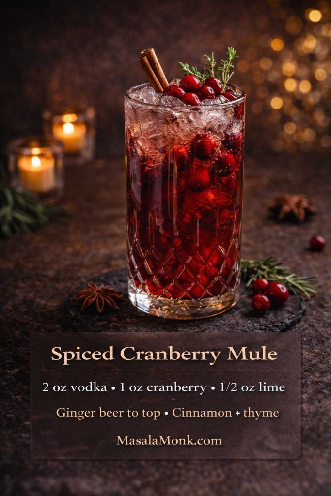Spiced cranberry mule in a crystal glass with cinnamon, thyme, and cranberries, with an on-image recipe using vodka, cranberry juice, lime, and ginger beer.