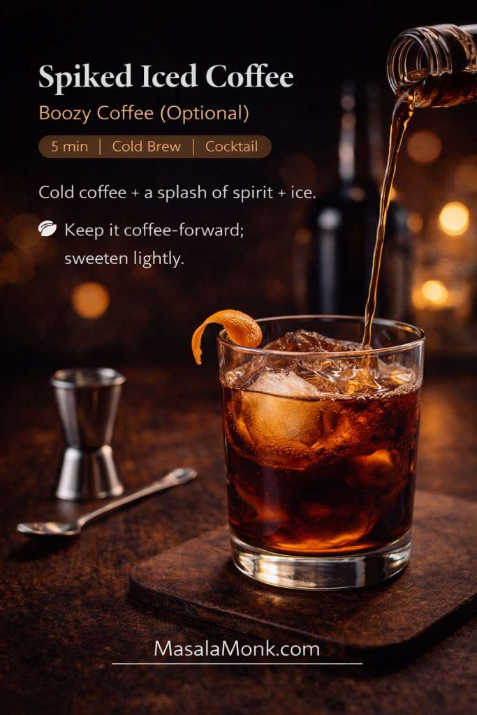 Recipe card for spiked iced coffee showing cold brew over ice in a rocks glass with amber spirit being poured in, plus an orange twist garnish and MasalaMonk.com footer.