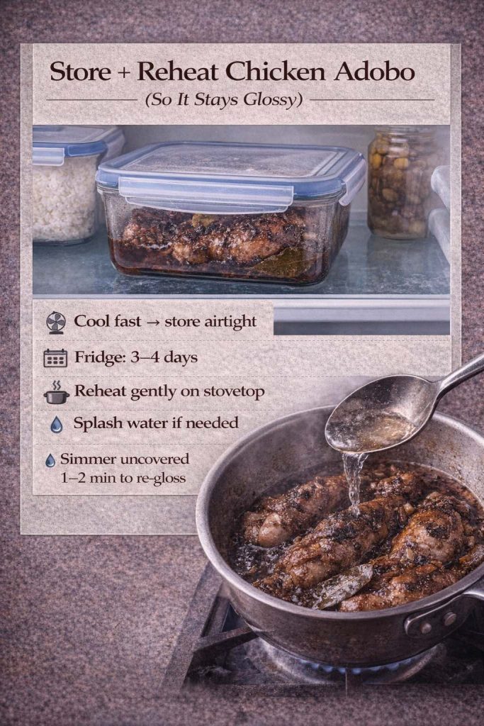 Infographic titled “Store + Reheat Chicken Adobo (So It Stays Glossy).” Top photo shows leftover chicken adobo stored in an airtight container inside a refrigerator. Bottom photo shows chicken adobo reheating in a saucepan while water is poured in from a spoon. Text tips include: cool fast and store airtight, fridge 3–4 days, reheat gently on stovetop, add a splash of water if needed, and simmer uncovered 1–2 minutes to restore a glossy adobo sauce. MasalaMonk.com appears in the footer.