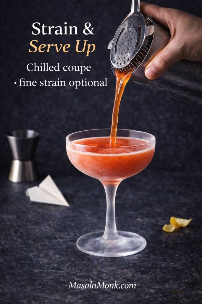 Bartender straining a Paper Plane cocktail into a chilled coupe glass with text overlay “Strain & Serve Up” and “Chilled coupe • fine strain optional.”