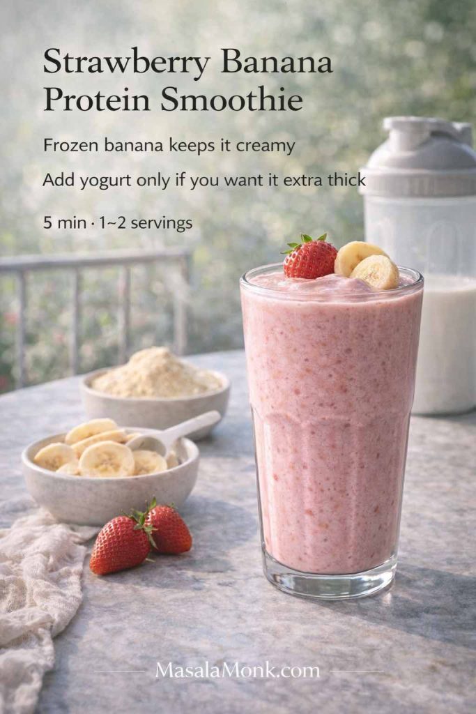 Strawberry banana protein smoothie recipe card on an outdoor patio, showing a thick pink smoothie with banana and strawberry garnish and tips for keeping it creamy.