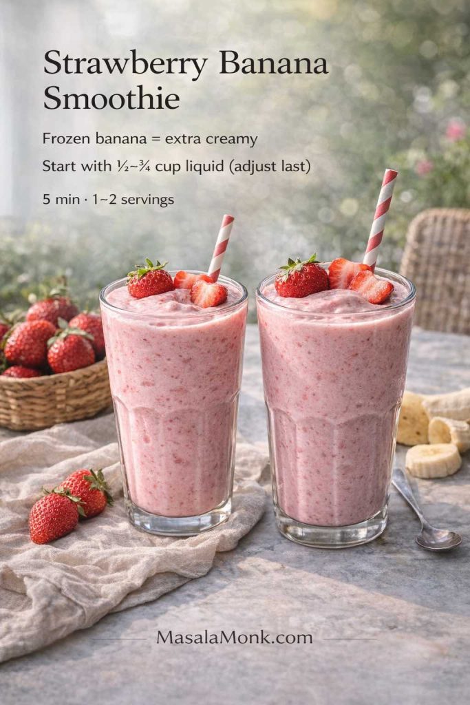 Strawberry banana smoothie recipe card showing two creamy smoothies, with tip to use frozen banana for a thicker texture and start with less liquid.