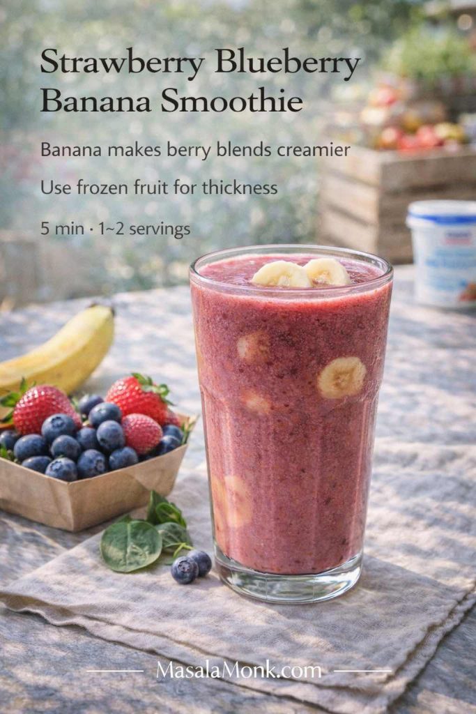 Strawberry blueberry banana smoothie recipe card at an outdoor market table, showing a thick berry smoothie with banana slices and fresh strawberries and blueberries, with tip that banana makes berry smoothies creamier.