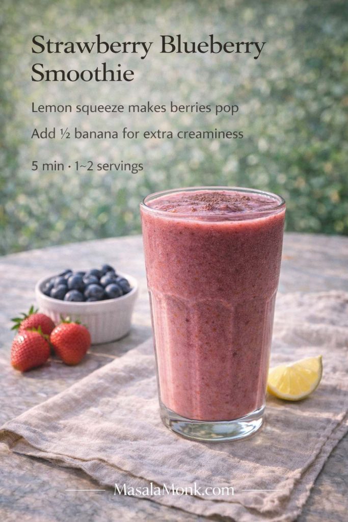 Strawberry blueberry smoothie recipe card with a thick berry smoothie in a glass, blueberries and strawberries on the side, and tip to add a squeeze of lemon and optional banana for creaminess.