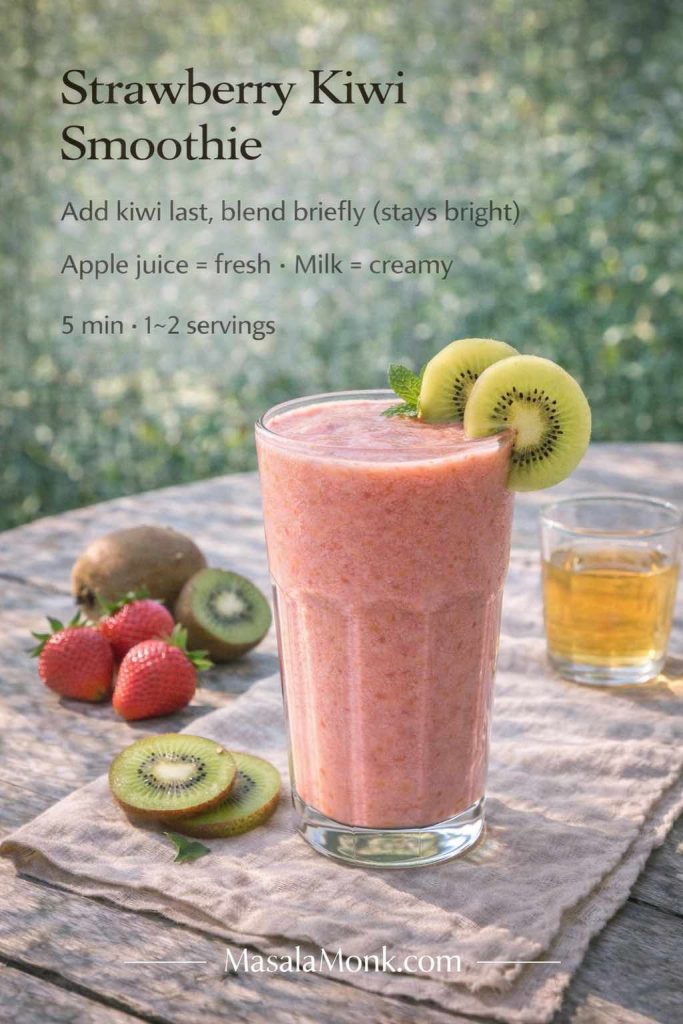 Strawberry kiwi smoothie recipe card on an outdoor garden table, with kiwi slices on the glass and tip to add kiwi last and blend briefly, plus apple juice vs milk for a fresh or creamy finish.