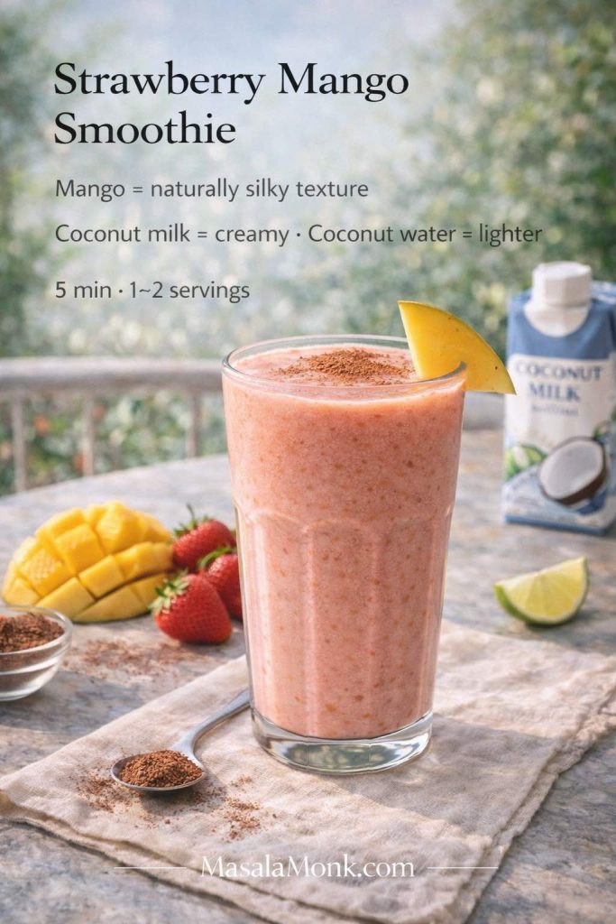 Strawberry mango smoothie recipe card showing a tropical smoothie in a tall glass with mango and strawberries, with tip that mango makes it naturally silky and coconut milk is creamier than coconut water.