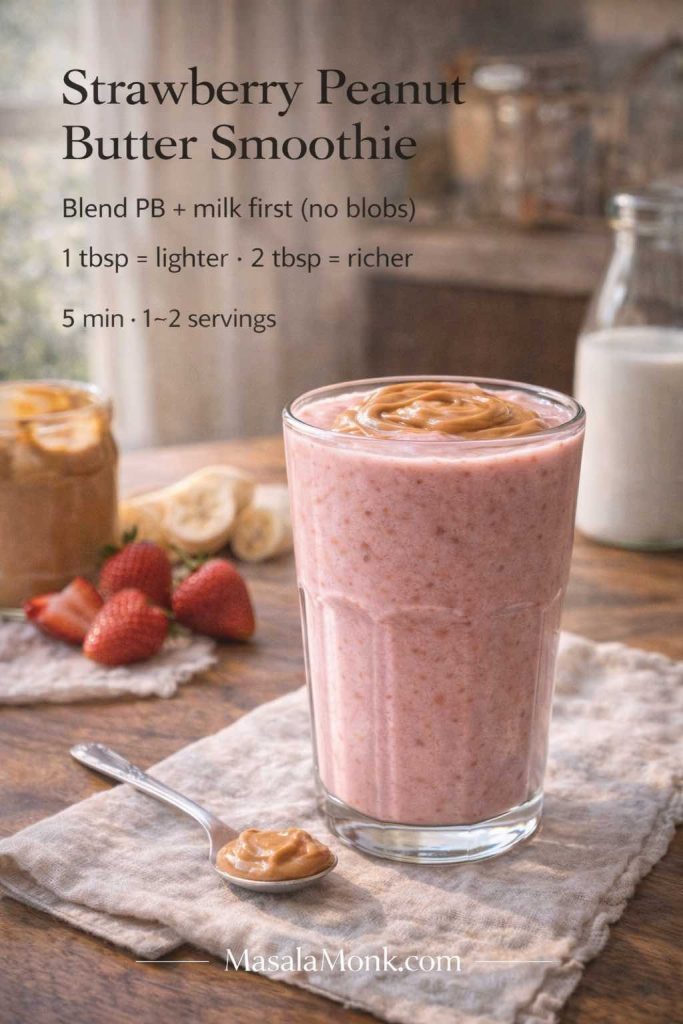 Strawberry peanut butter smoothie recipe card showing a creamy pink smoothie topped with peanut butter, with tips to blend peanut butter with milk first and adjust richness with 1–2 tablespoons.