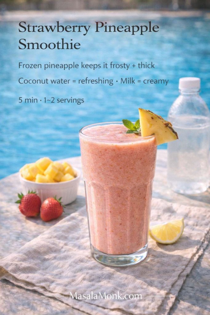 Strawberry pineapple smoothie recipe card showing a tropical smoothie by a pool with pineapple and strawberries, with tip to use frozen pineapple for thickness and choose coconut water for a lighter smoothie or milk for a creamier one.