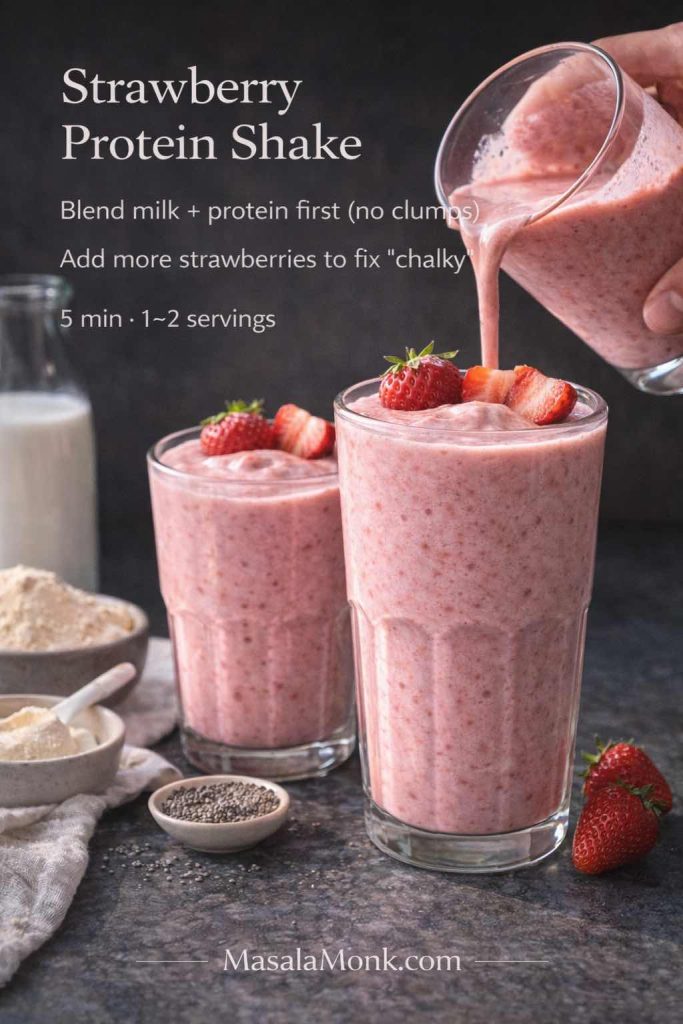 Strawberry protein shake recipe card showing a thick pink shake being poured into a glass, with tips to blend milk and protein powder first and add more strawberries to reduce chalky taste.