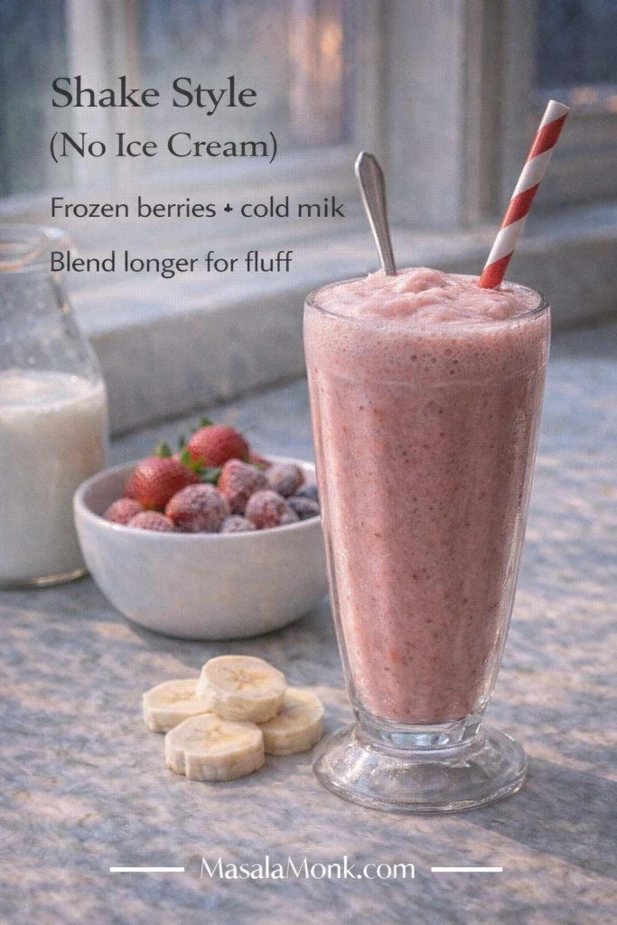 Strawberry shake without ice cream guide card showing a frothy strawberry shake in a tall glass with frozen strawberries and cold milk, with tip to blend longer for a fluffier texture.